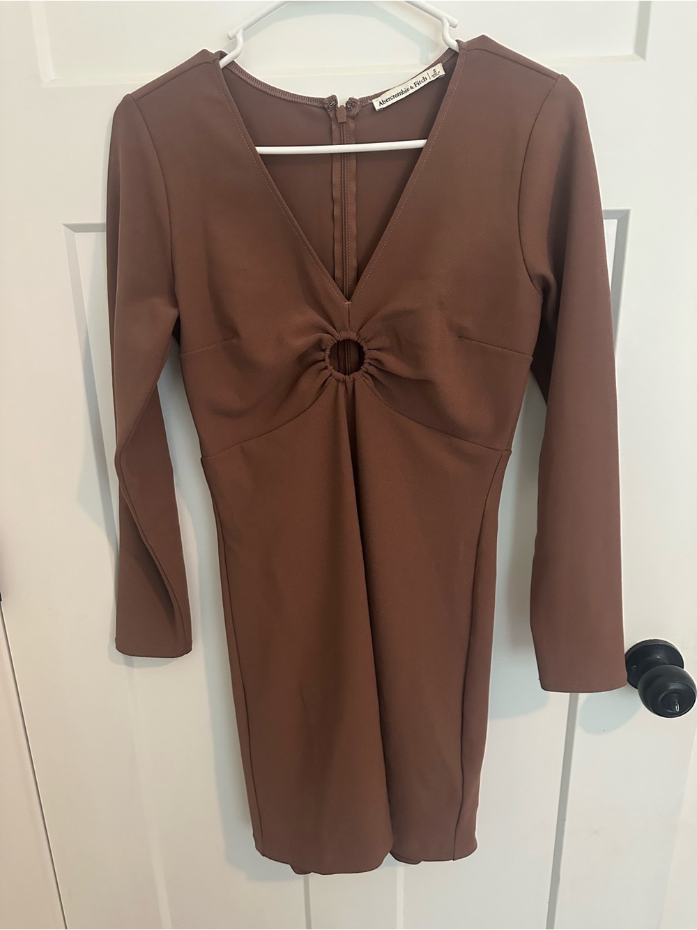 Abercrombie & Fitch Chocolate Brown Long-Sleeve V-Neck Dress with Ring Detail